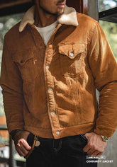 Maden Men Amekaji DownThicken Artificial Lambwool Coat Winter Casual Solid Multi-pocket Single-breasted Corduroy Fleece Jacket